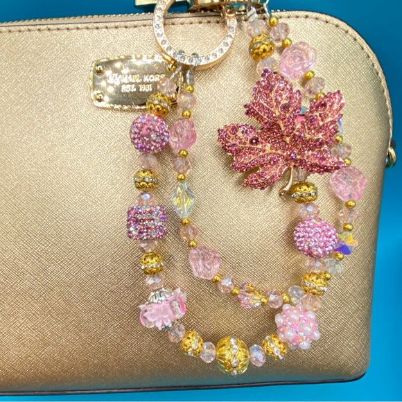 🍁Luxury Bag/Phone Chain Charm/Keychain Pink Rhinestone MAPLE LEAF Bling Beads